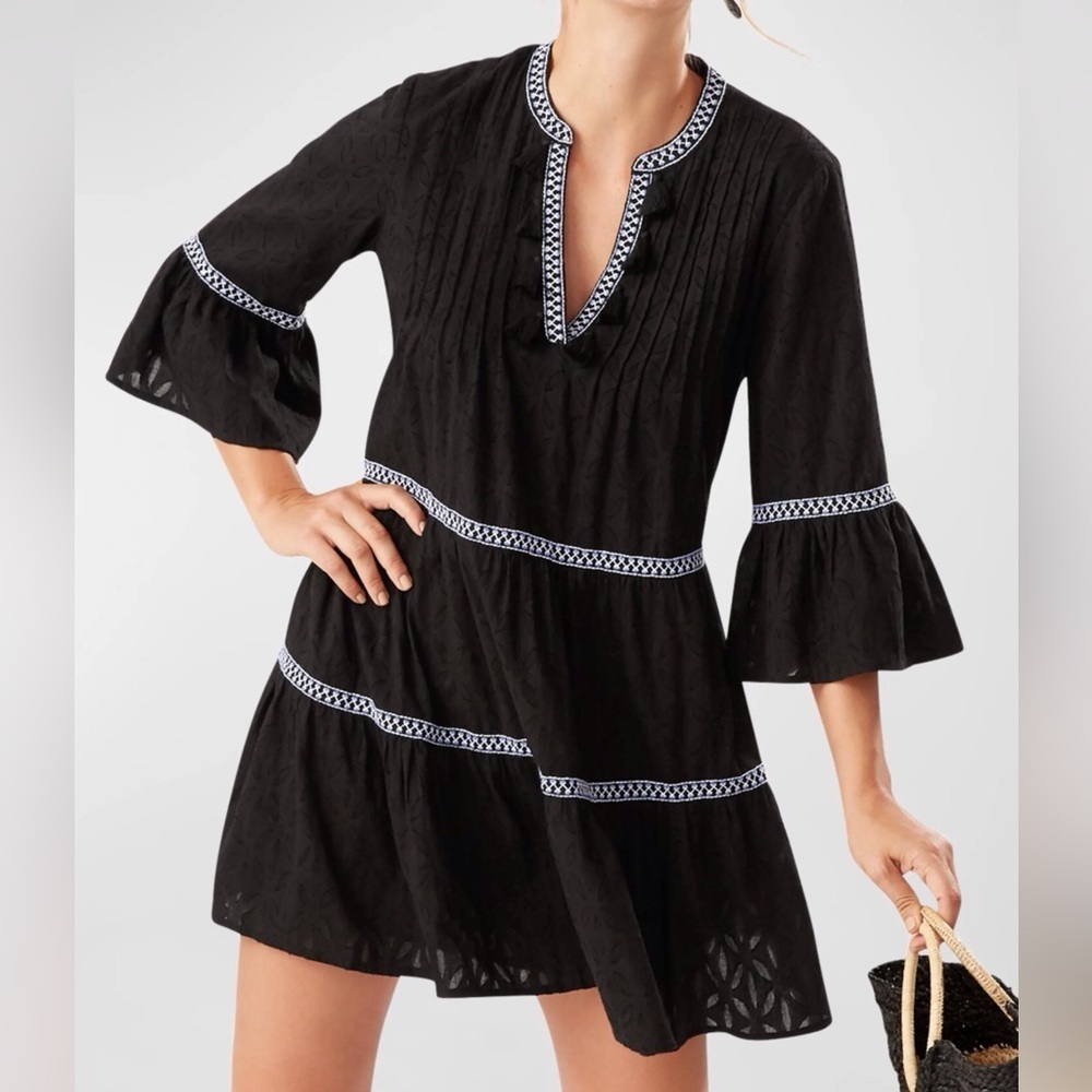 Tommy Bahama Embroidered Tassel V-Neck Cotton Tunic Dress